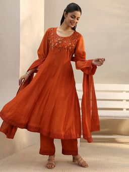 Libas - Orange Floral Yoke Design A-Line Kurta With Pant & Dupatta