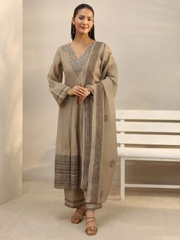Libas - Biege Floral Yoke Design A-Line Kurta With Pant & Dupatta