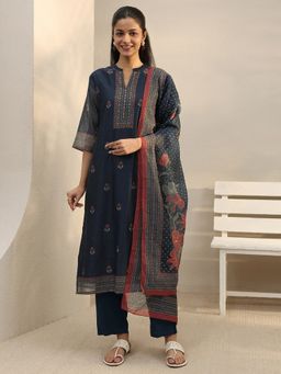 Libas - Navy Blue Ethnic Motif Printed Straight Kurta With Pant & Dupatta