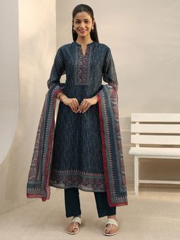 Libas - Navy Blue Striped Printed Straight Kurta With Pant & Dupatta