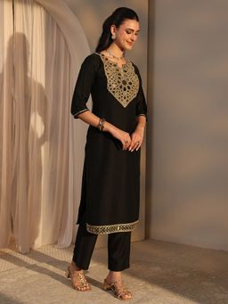 Libas - Black Mirror Work Embellished Yoke Design Straight Kurta With Pant