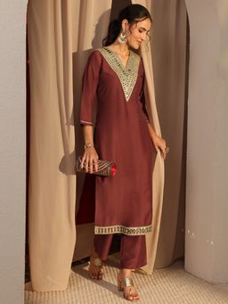 Libas - Rust Mirror Work Yoke Design Straight Kurta With Pant