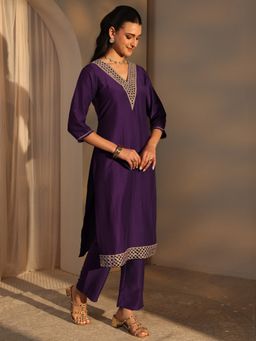 Libas - Blue Mirror Work Yoke Embellished Straight Kurta With Pant