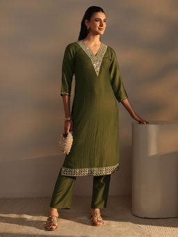 Libas - Green Mirror Work Yoke Embellished Straight Kurta With Pant