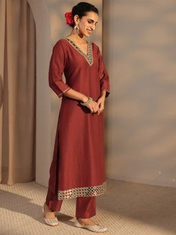 Libas - Rust Mirror Work Yoke Embellished Straight Kurta With Pant