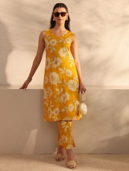 Libas - Mustard Floral Printed Straight Kurta With Pant