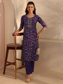 Libas - Purple Floral Printed Straight Kurta With Pant
