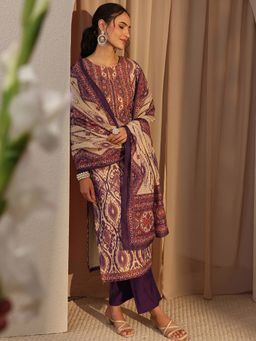 Libas - Beige Ethnic Motif Printed Straight Kurta With Pant & Dupatta