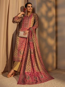 Libas - Beige Bandhani Printed Straight Kurta With Pant & Dupatta