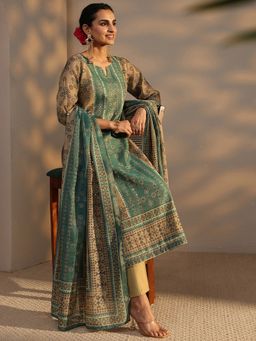 Libas - Beige Bandhani Printed Straight Kurta With Pant & Dupatta
