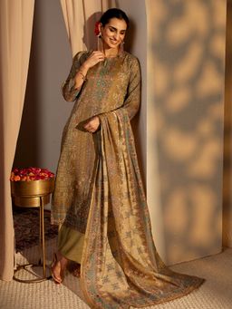 Libas - Beige Ethnic Motif Printed Straight Kurta With Pant & Dupatta