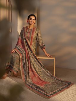 Libas - Beige Bandhani Printed Straight Kurta With Pant & Dupatta