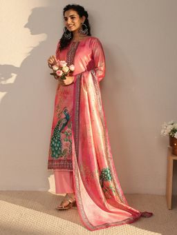 Libas - Peach Floral Printed Straight Kurta With Pant & Dupatta