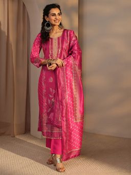Libas - Pink Ethnic Motif Printed Straight Kurta With Pant & Dupatta