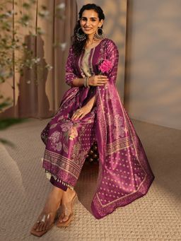 Libas - Burgundy Ethnic Motif Printed Straight Kurta With Pant & Dupatta