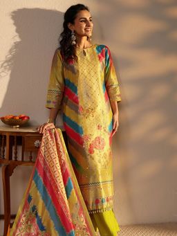 Libas - Yellow Ethnic Motif Printed Straight Kurta With Pant & Dupatta
