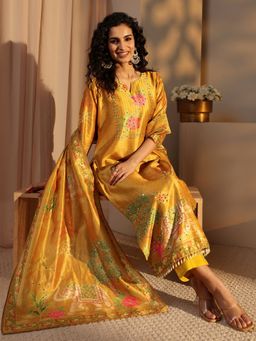 Libas - Mustard Floral Printed Mirror Work Straight Kurta With Pant & Dupatta