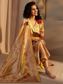Libas - Mustard Floral Printed Straight Kurta With Pant & Dupatta