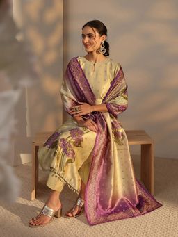 Libas - Beige Floral Bandhani Printed Mirror Work Straight Kurta With Pant & Dupatta