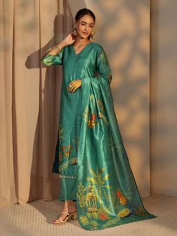 Libas - Teal Tribal Printed Mirror Work Straight Kurta With Pant & Dupatta