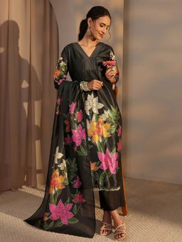 Libas - Black Floral Printed Mirror Work Straight Kurta With Pant & Dupatta