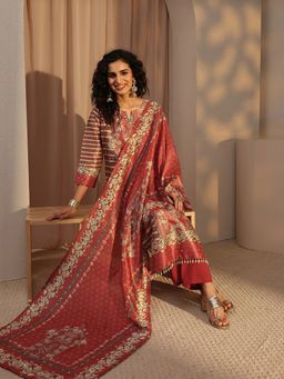 Libas - Rust Ethnic Motif Printed Mirror Work Straight Kurta With Pant & Dupatta