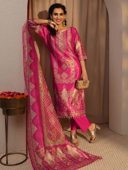 Libas - Pink Ethnic Motif Printed Mirror Work Straight Kurta With Pant & Dupatta