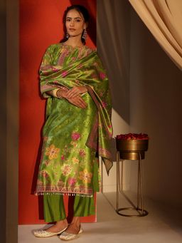 Libas - Green Floral Printed Mirror Work Straight Kurta With Pant & Dupatta