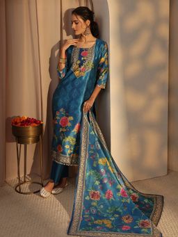 Libas - Blue Floral Printed Mirror Work Straight Kurta With Pant & Dupatta