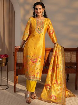 Libas - Mustard Floral Printed Mirror Work Straight Kurta With Pant & Dupatta