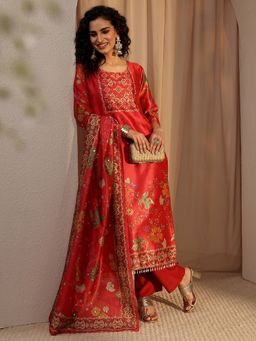 Libas - Red Floral Printed Straight Kurta With Pant & Dupatta