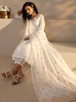 Libas - White Geometric Woven Design Straight Kurta With Pant & Dupatta