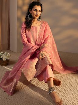 Libas - Pink Ethnic Motif Woven Design Straight Kurta With Pant & Dupatta