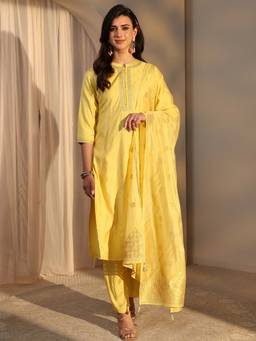 Libas - Yellow Woven Design Ethnic Motifs Straight Kurta With Pant & Dupatta