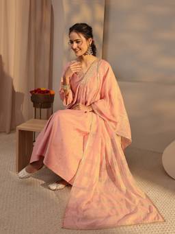 Libas - Peach Floral Motifs Woven Design A-Line Kurta With Palazzo & Dupatta