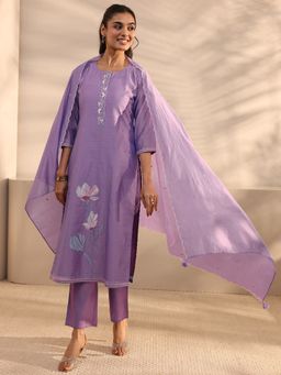 Libas - Purple Floral Embroidered Straight Kurta With Pant & Dupatta