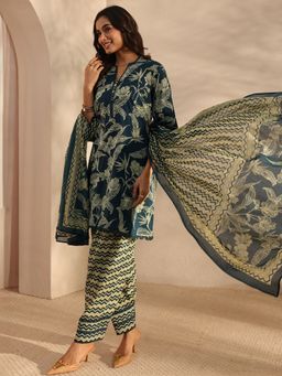 Libas - Navy Blue Floral Printed A-Line Kurta With Salwar & Dupatta