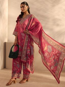 Libas - Red Floral Printed Straight Kurta With Pant & Dupatta