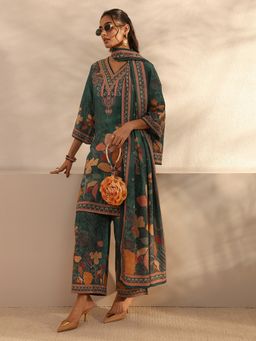 Libas - Teal Floral Printed Straight Kurta With Pant & Dupatta