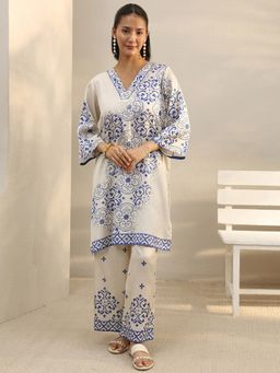 Libas - Off White Ethnic Motif Printed Straight Kurta With Palazzo