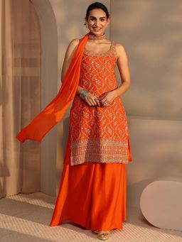 Libas - Orange Floral Zari Embroidered Kurta With Palazzo & Dupatta