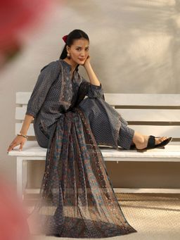 Libas - Blue Floral Printed Ajrakh Straight Kurta With Pant & Dupatta