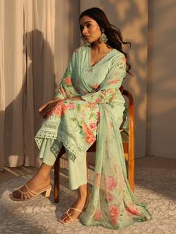 Libas - Green Floral Printed Schiffli Kurta With Pant & Dupatta