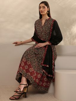 Libas - Black Ethnic Motif Printed Panelled Anarkali Kurta With Pant & Dupatta