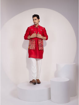 YOSEBA - Meher Laal Red Jacket with Kurta and Pyjama