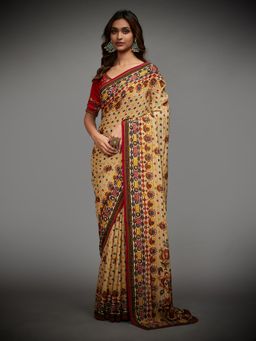 RI.Ritu Kumar - Beige & Multi Color Venkatil Saree with Unstitched Blouse