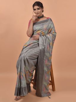 Odette - Grey Satin Embroidered Saree with Unstitched Blouse