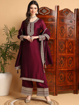 Vaamsi - Women Magenta Silk Blend Embroidered Kurta Palazzo with Dupatta (Set of 3)