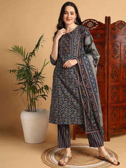 Vaamsi - Women Blue Pure Cotton Floral Printed Kurta Trouser with Dupatta (Set of 3)