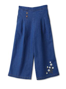 Nautinati - Girls Embroidered Flowers Knife Pleats Wide Leg Denim Jeans